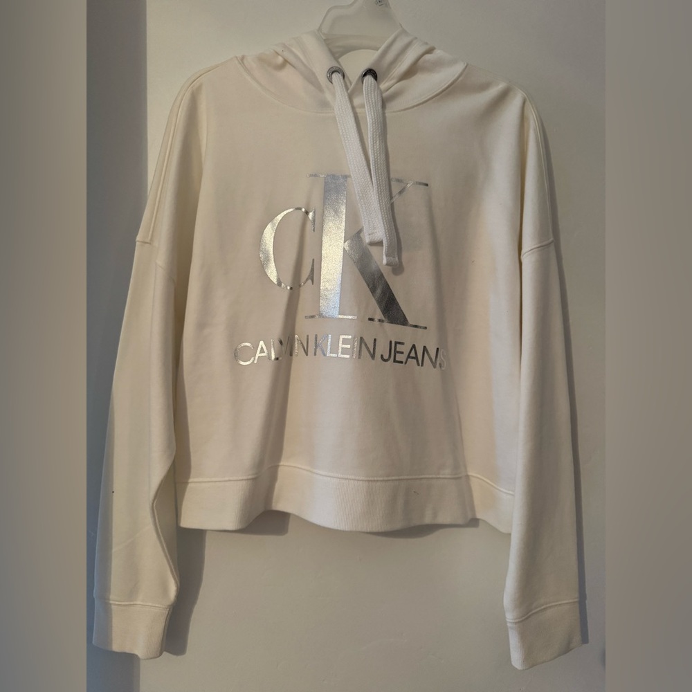 Calvin Klein Jeans White Hoodie with Silver Logo